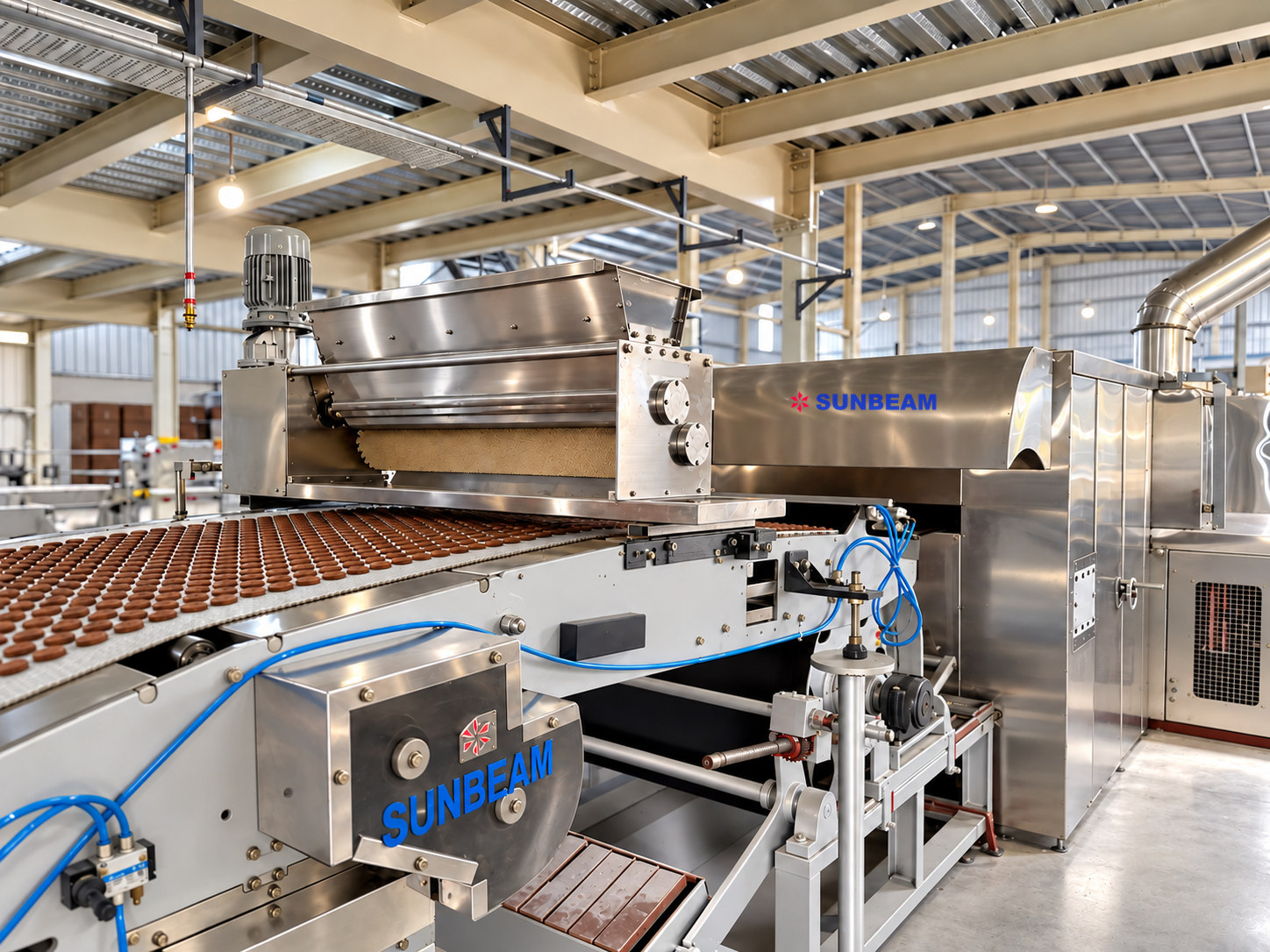 Illustration of an integrated Sunbeam biscuit line with oven and conveyors