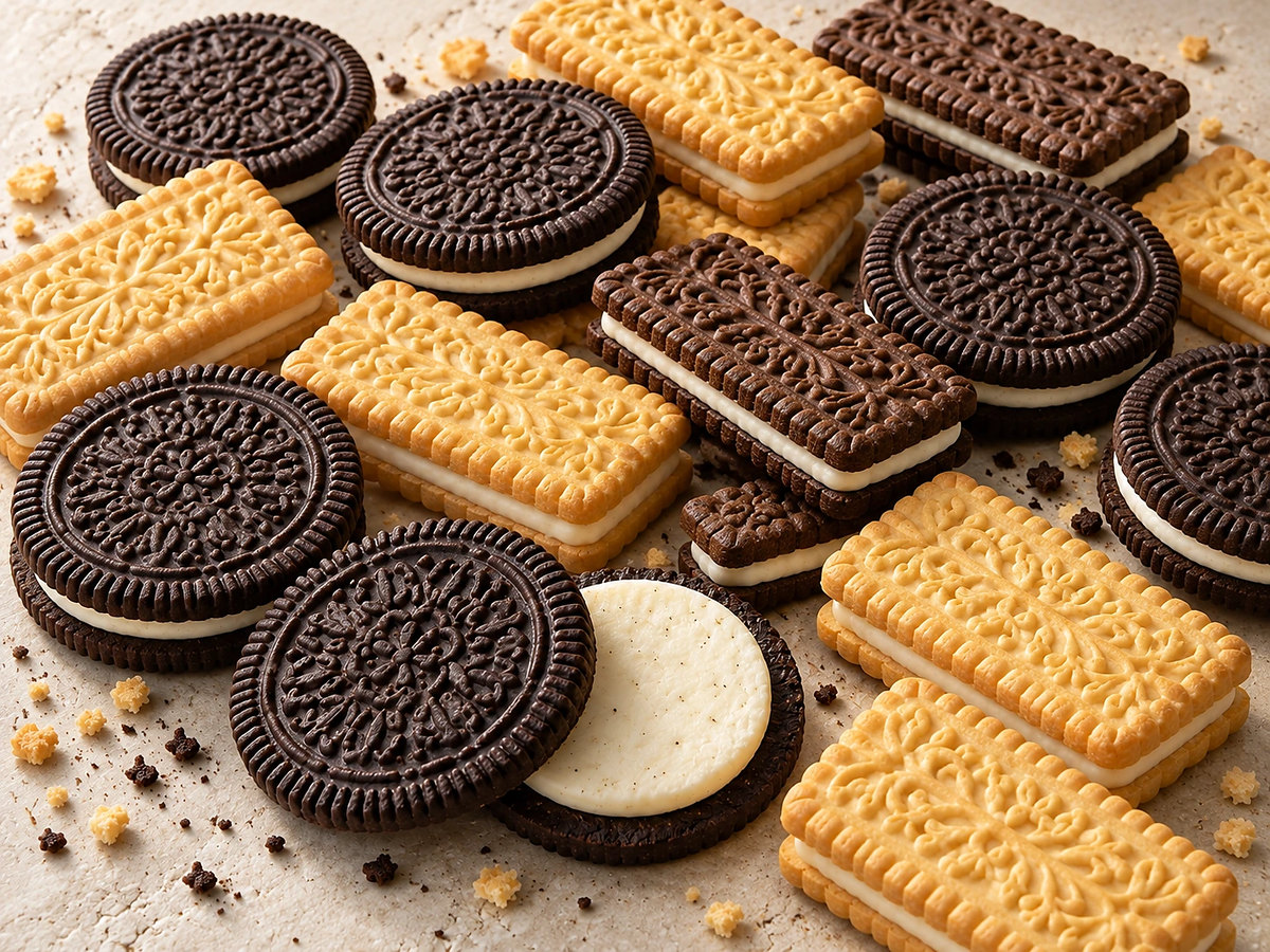 Vanilla and chocolate cream sandwich biscuits