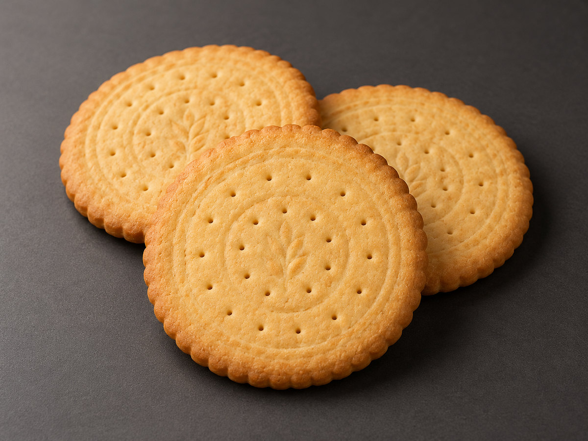 Three round Marie-style biscuits with embossed rings and docking holes