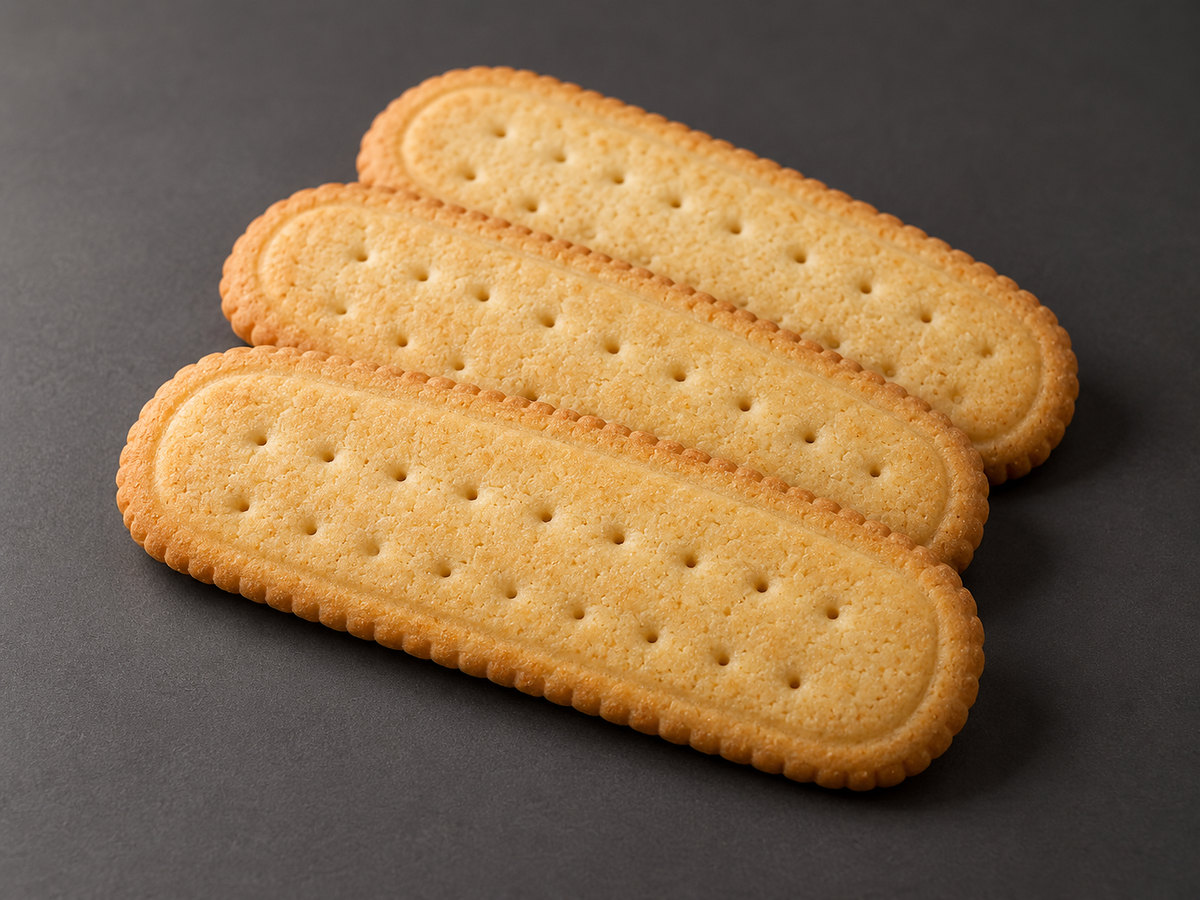 Three elongated rich-tea-style finger biscuits with curved ends and docking holes